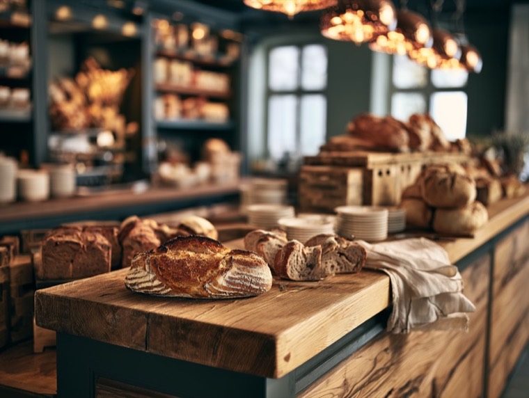 Theke einer Bäckerei mit frischem Brot